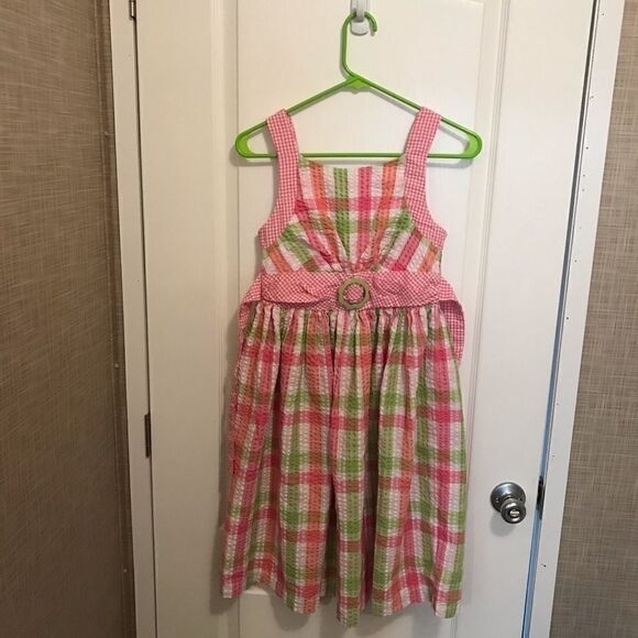 Bonnie Jean Pink Green Seersucker Dress Size 14 - Picture 2 of 12